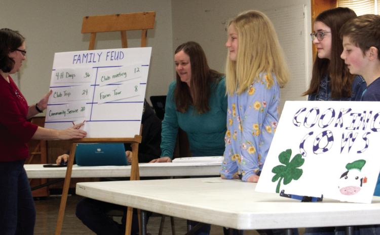 Members of the Spring Valley Sparklers 4-H club enacted the skit “Family Feud” during Cherokee County 4-H Days Saturday. Club members on the Cooking Cows team included Ryleigh Holmes, Kora Welch and Gentry Holt. Not pictured, members of the Sewing Chickens team included Reagan Holmes and Anna Reeser. Madisen Rand acted at host of the show.