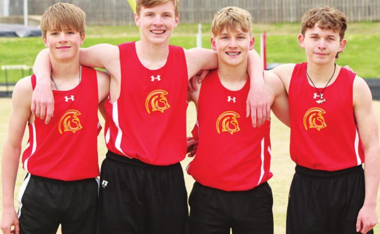 The Central Titan Eighth Grade Sprint Medley Relay Team place first in the CCCJL League Track and Field Meet, Tuesday in Galena. Team members, Jace Midgett, Braneon Stice, Syler Schuberger, , and Evon Mayfield ran the 800 Meter race in a time of 1:58.85 minutes. Courtesy Photo.