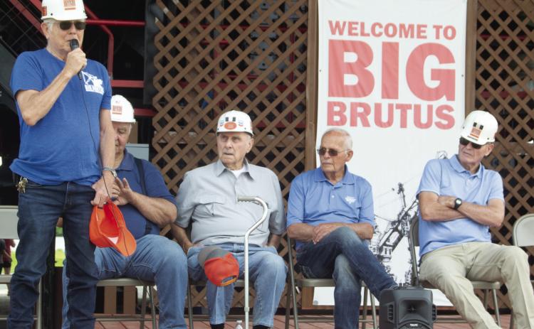 Larry Spahn one of the five pioneer coal miners who worked for P &amp; M during the time Big Brutus was in operation who told the crowd of the mining industry. Those seated were Dave Kimery, Carmon Boccia, Jim Levell and Louis Kalm.
