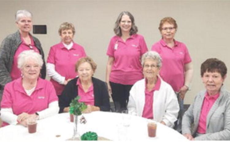 Columbus Mercy Hospital Volunteers attended as special guests at a luncheon hosted by the Joplin Mercy Volunteers Chapter Wednesday, March 13. Four of them won shamrock plants. Those attending included front row Nancy Evans, Virginia Leake, Geneva Grubbs and Myrna Martin. Back row Debra Messer, Lucille McNemar, Melissa Torchia and Clara White. Courtesy photo.