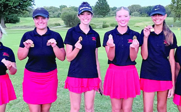 The Columbus Lady Titan Golf Team picked up their fourth tournament team win of the season in the predominately SEK League Tournament in Independence, Tuesday. Cali Carpino, Fallon Smiley, Amory Neely, and Natalie Wary placed in the top 11 individually to earn the tournament team championship with 376 combined strokes. Caney Valley was second, 18 strokes behind the winners with a 394 total. Team members are Amory, Fallon, Natalie, Cali, Addison Johnson, and Hannah Noel. Courtesy photo.