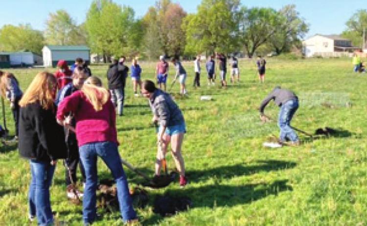 A large number of volunteers showed up to assist the Riverton PRIDE group plant trees near the walking trail in Riverton. Ten pear trees and eight apple trees will be blossoming in the future. Courtesy photo.