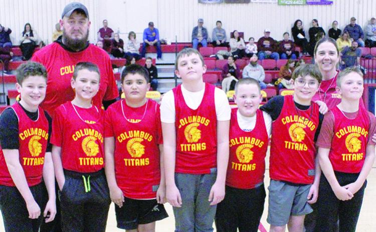 Members of the sixth grade Columbus Recreation Titan Basketball Team were introduced February 10 at the Titan varsity basketball games with Girard. Jake Wary, Trevor Lacen, Chance Briggs, Tanner Thompson, Kip Noel, Kasen Sallee, and Jace Mooney are shown with their coaches Adam Sallee and Ryan Lacen.